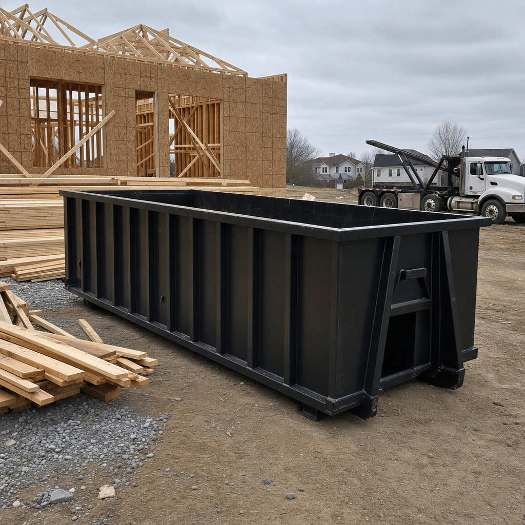 Matte-black 40-yard roll-off dumpster staged on a framed-out residential construction site in Houston, framing lumber stacked nearby, hooklift delivery truck visible in the background under bright Colorado daylight