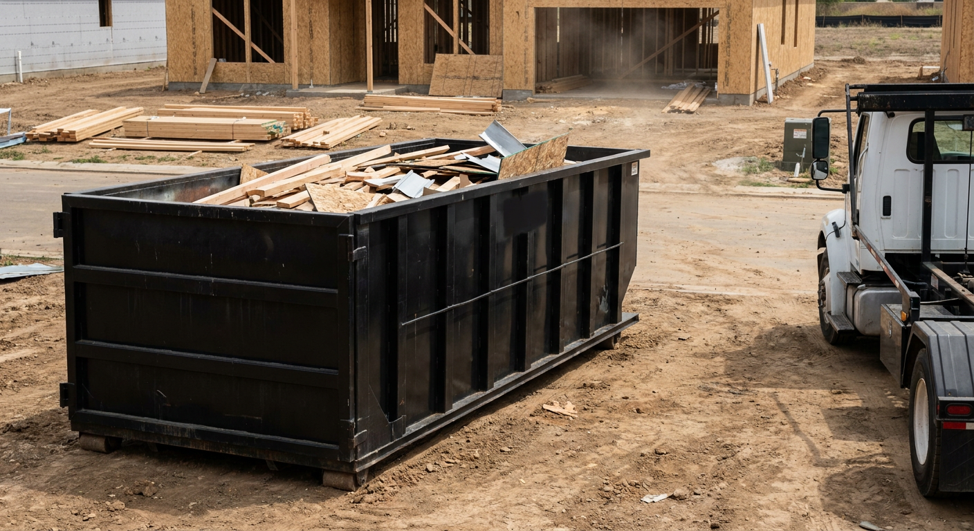 Matte-black 20-yard roll-off construction dumpster with heavy ribbed steel sidewalls and swing rear doors at a working jobsite in Houston, sitting directly on compacted dirt with an unmarked white hauler partially visible at the far edge of the frame.