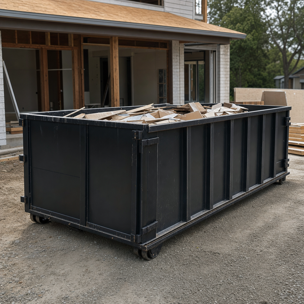 Large matte-black 30-yard construction roll-off dumpster at an active Houston jobsite, steel-gray top rails and bottom rollers visible, loaded with construction debris.
