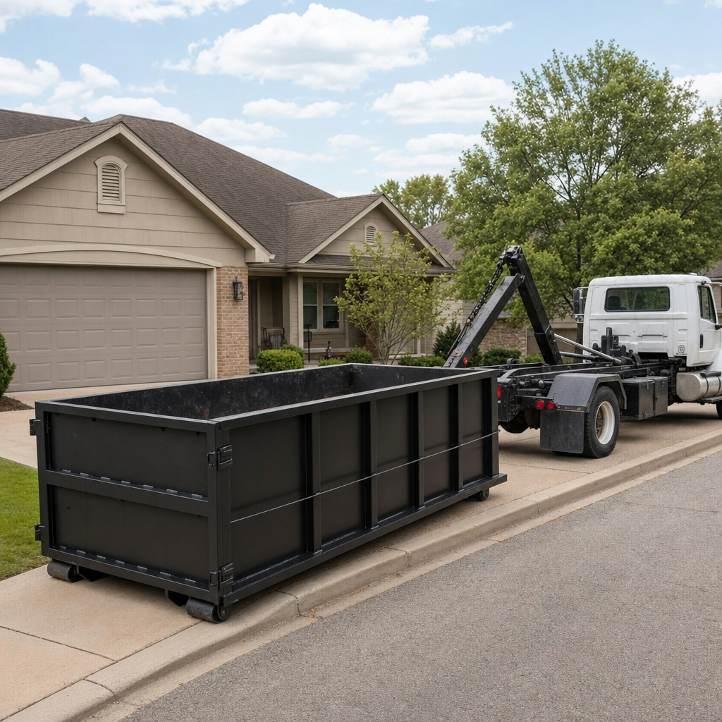 Wide documentary shot of a matte-black roll-off dumpster on a Houston residential driveway in the foreground and a contractor jobsite container in the soft-focus background, bright daylight, calm and orderly composition.