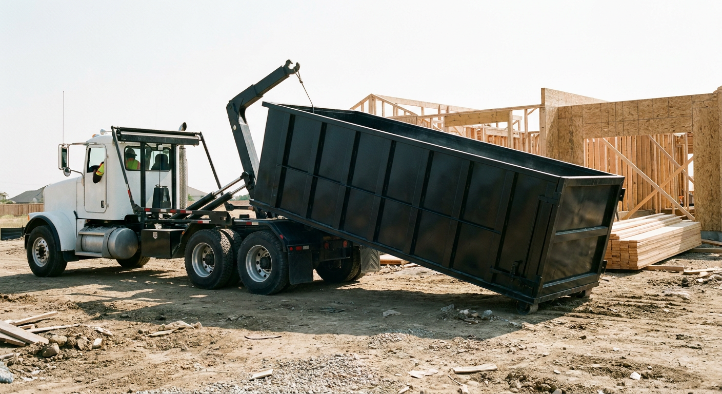 Matte-black roll-off dumpster being delivered onto a clean residential concrete driveway in Houston by an unmarked white hooklift hauler truck, bright morning daylight, documentary 35mm perspective.