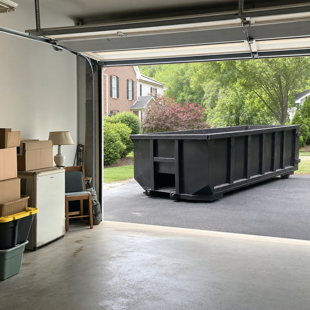 Open garage interior in a Houston home mid-cleanout — boxed items, an old appliance, and stacked yard tools queued near the driveway for a matte-black roll-off dumpster, organized and calm