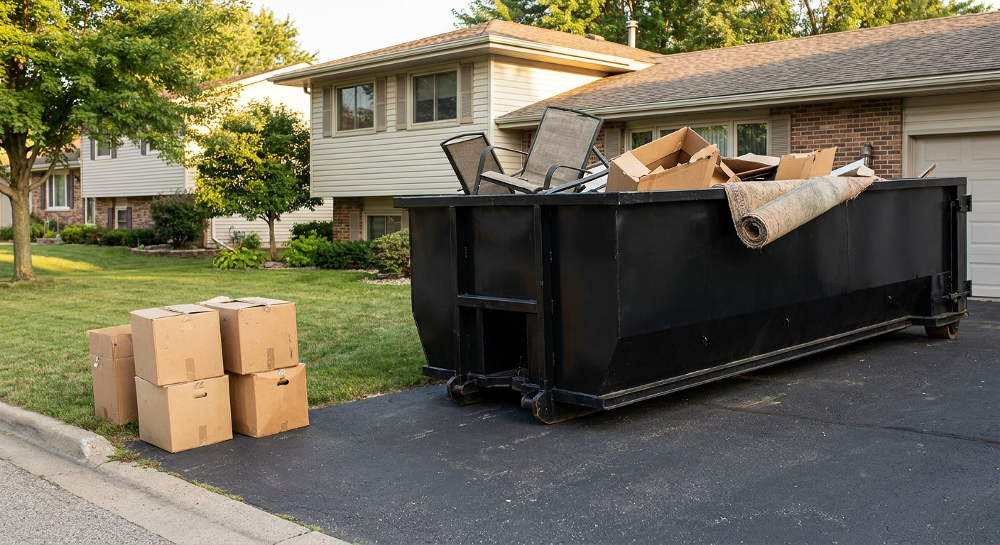 Front-yard view of a Houston split-level home with a 20-yard matte-black roll-off dumpster sitting directly on the asphalt driveway, a few clearly labeled donation boxes staged at the curb, calm sunny afternoon.