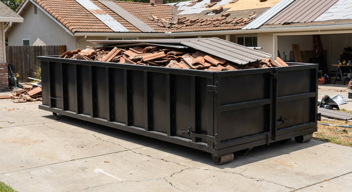 Matte-black low-wall heavy-debris roofing roll-off dumpster sitting directly on a Houston concrete driveway, broken concrete clay roof tiles and metal panel sections loaded inside, reinforced ribbed steel side walls visible, bright outdoor daylight.