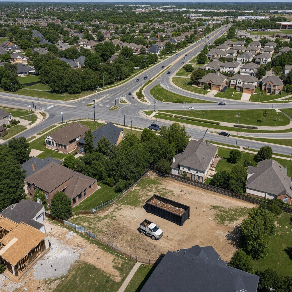 An overhead documentary view of the Houston metro area at midday, showing the spread of neighborhoods, arterial roads, and the dispatch radius from a central yard — clean daylight, organized geographic layout.
