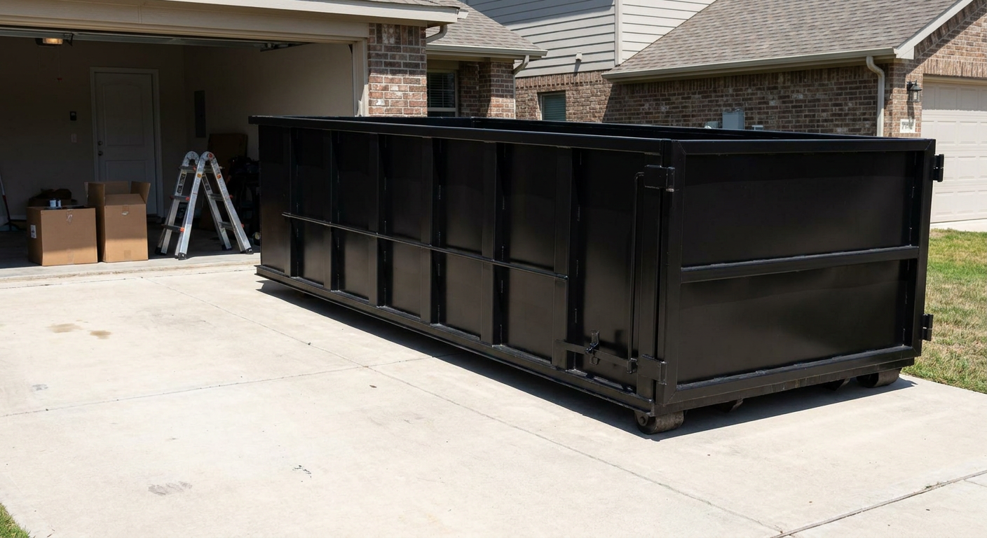 A matte-black 10-yard roll-off dumpster sitting directly on a residential Houston concrete driveway, mid-day sunlight, clean and ready for a garage cleanout.