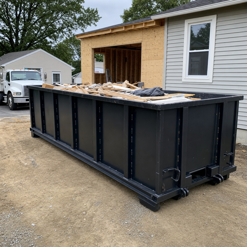 A matte-black 30-yard roll-off dumpster positioned at a Houston residential addition jobsite, with framing lumber and drywall scraps loaded through the open swinging rear doors.
